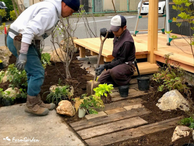 景石を並べながらグランドカバー類を植えていきます